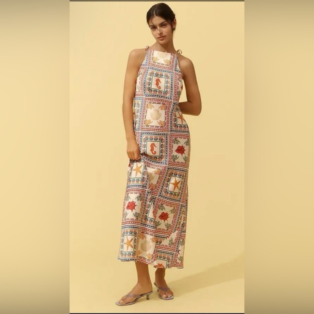 NEW | ANTHROPOLOGIE  Tie-Shoulder Column Dress - Ocean Creatures Sz: Small